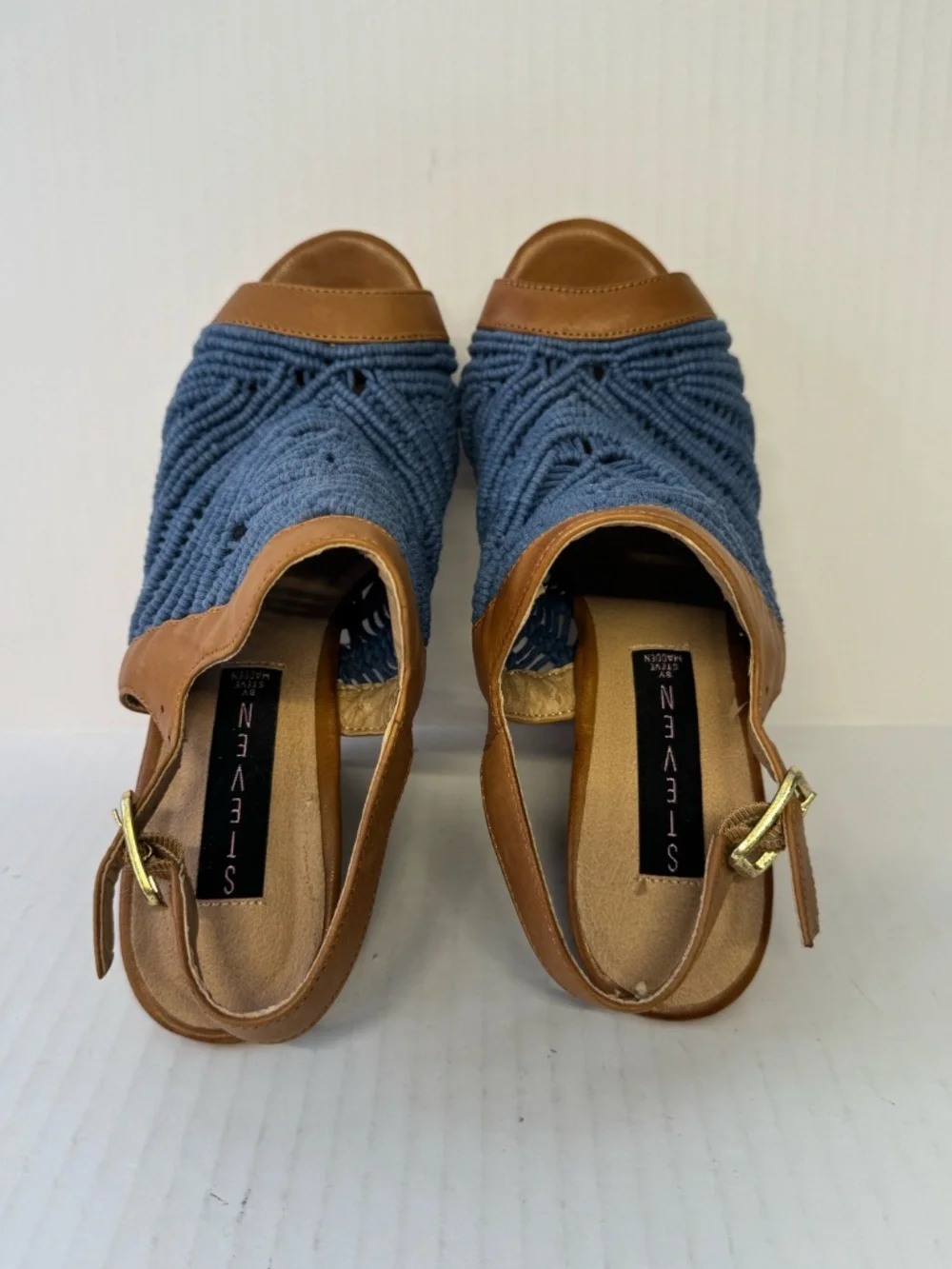 Steve Madden Blue Macramé Wedge Sandals Size 6 Resort Boho Platform Heels